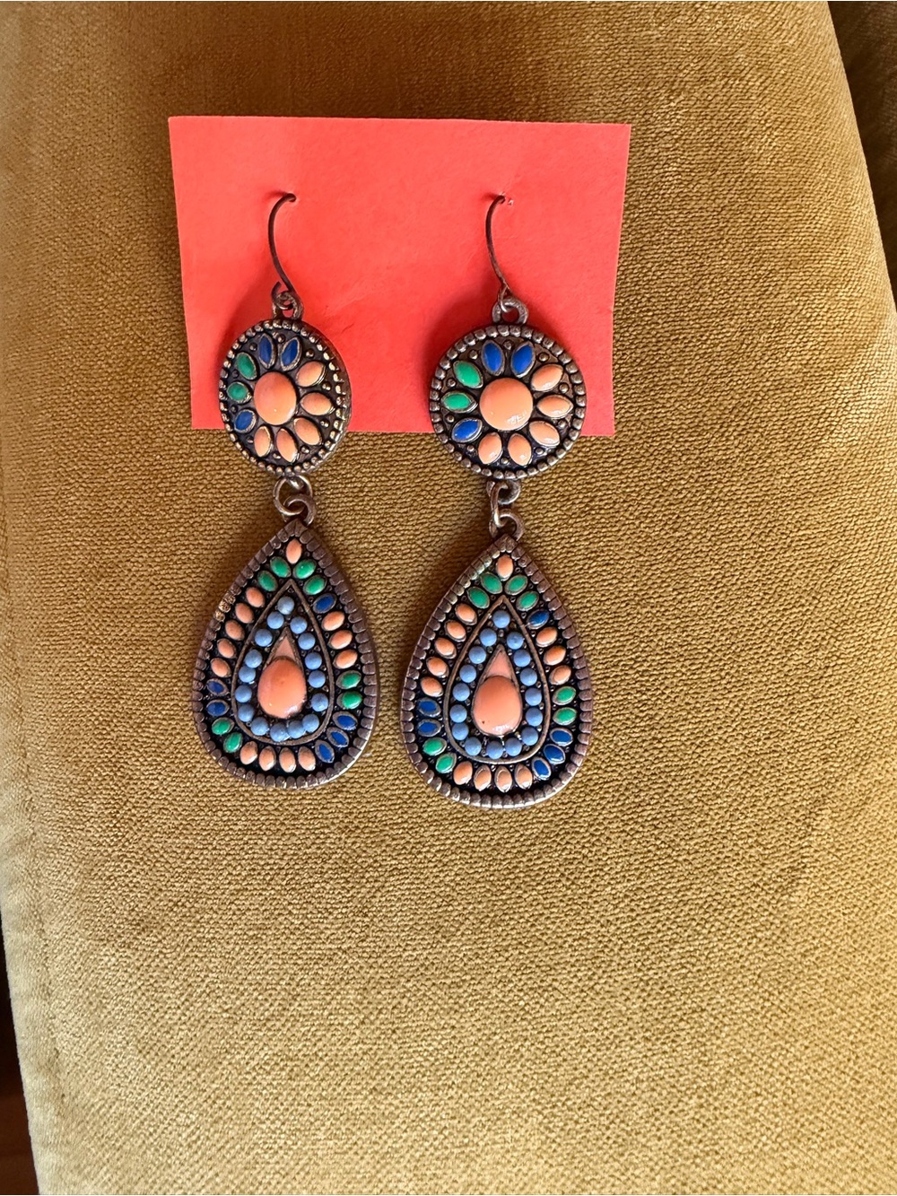 Multicolor Teardrop Dangle Earrings - Coral, Blue & Green